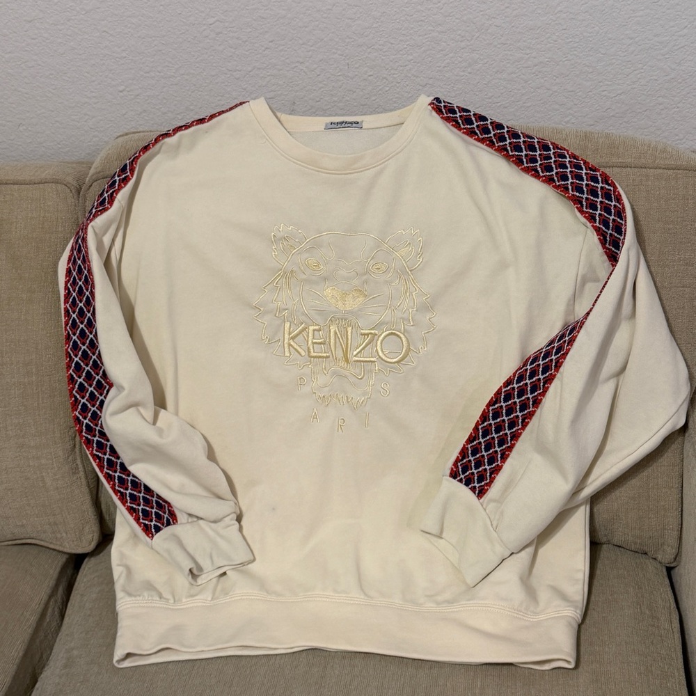Kenzo Beige Sweater with Red Patterned Sleeves